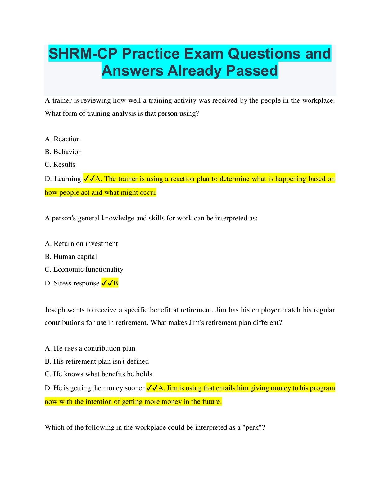 SHRMCP Practice Exam Questions and Answers Already Passed Browsegrades